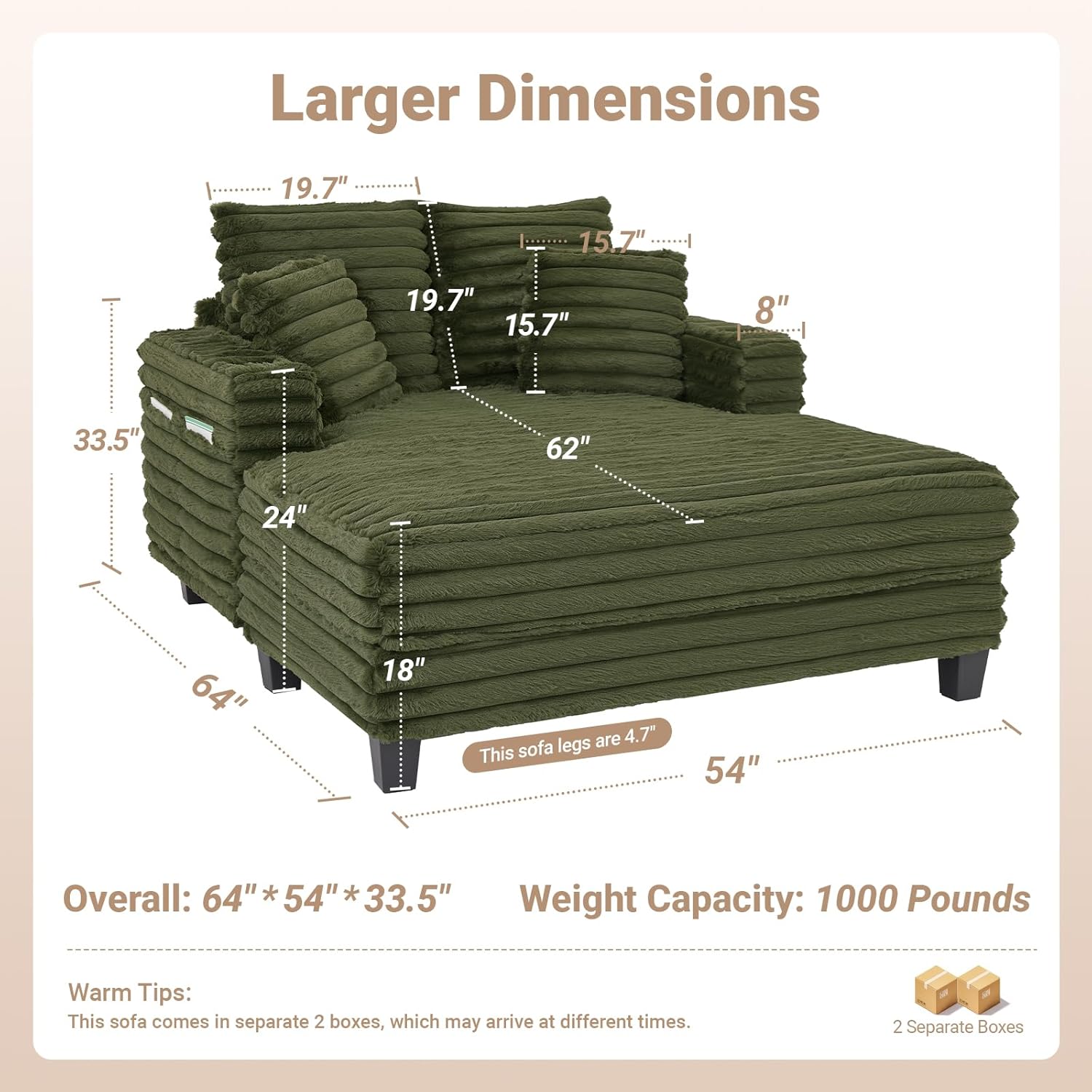 64 Chaise Lounge Chair Indoor, Oversized Sleeper Chair with Wood Frame, Upholstered Sofa Bed for Living Room, Movie Room, Bedroom with 4 Storage Pockets&2 Cup Holders(Plush Corduroy, Green)