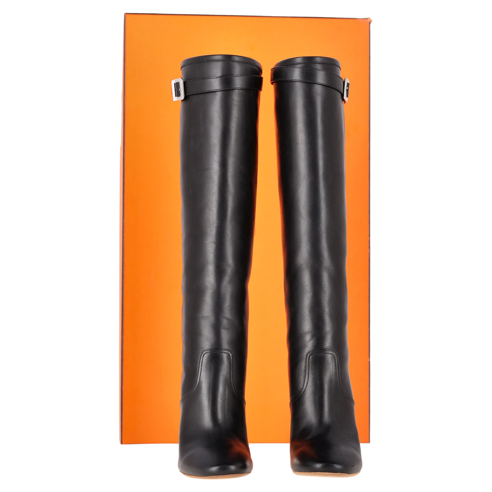 Hermes Preloved Chrome Heel Knee Boots in Black Leather