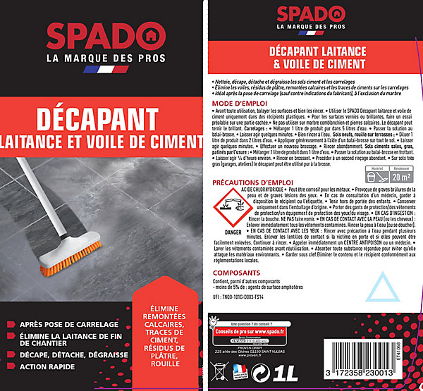 Décapant laitance et voile de ciment Spado professionnel 1L