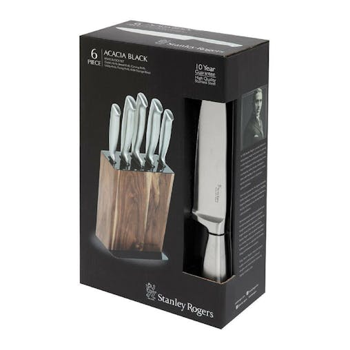 Stanley Rogers 6Pc Acacia Black Knife Block Set 6 Piece S/ Steel 41410