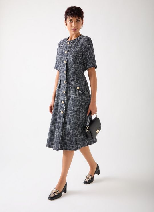 Suzie Indigo & Black & Cream Cotton Blend Tweed Button Through Dress