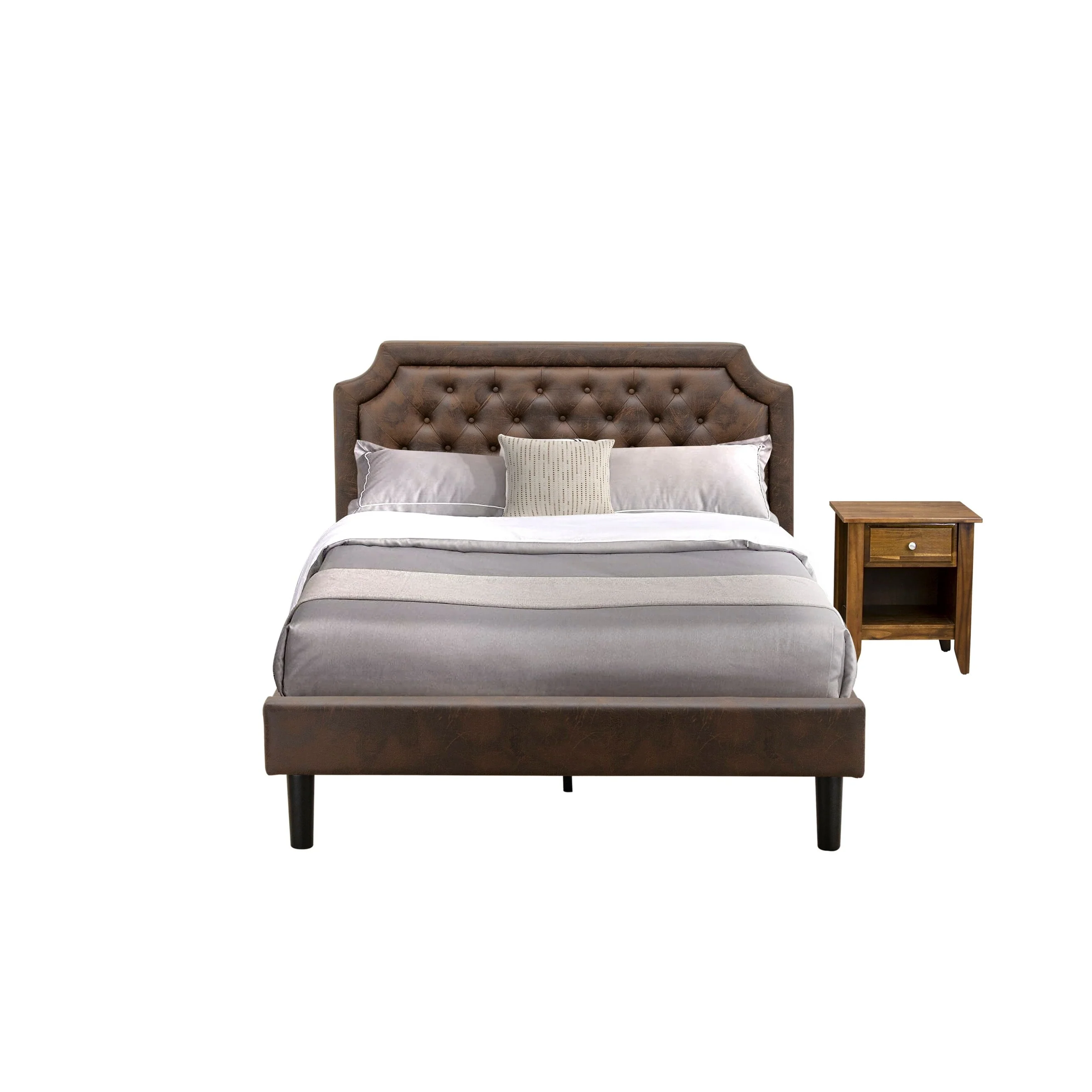 Platform Bed Set with a Queen Size Bed and Antique Walnut Night Stands - Dark Brown Pu leather and Black Legs(Pieces Option)
