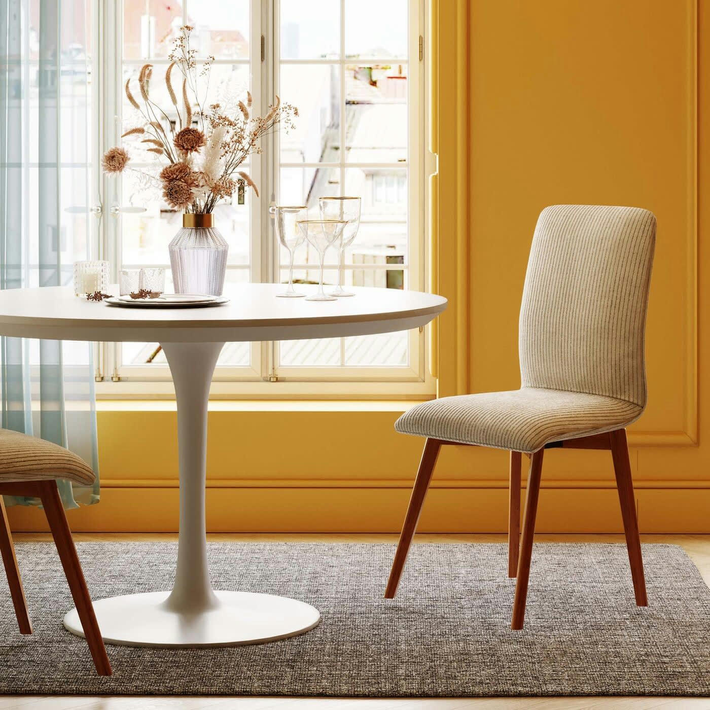 LARA CORD - Chaise en polyester côtelé crème et chêne