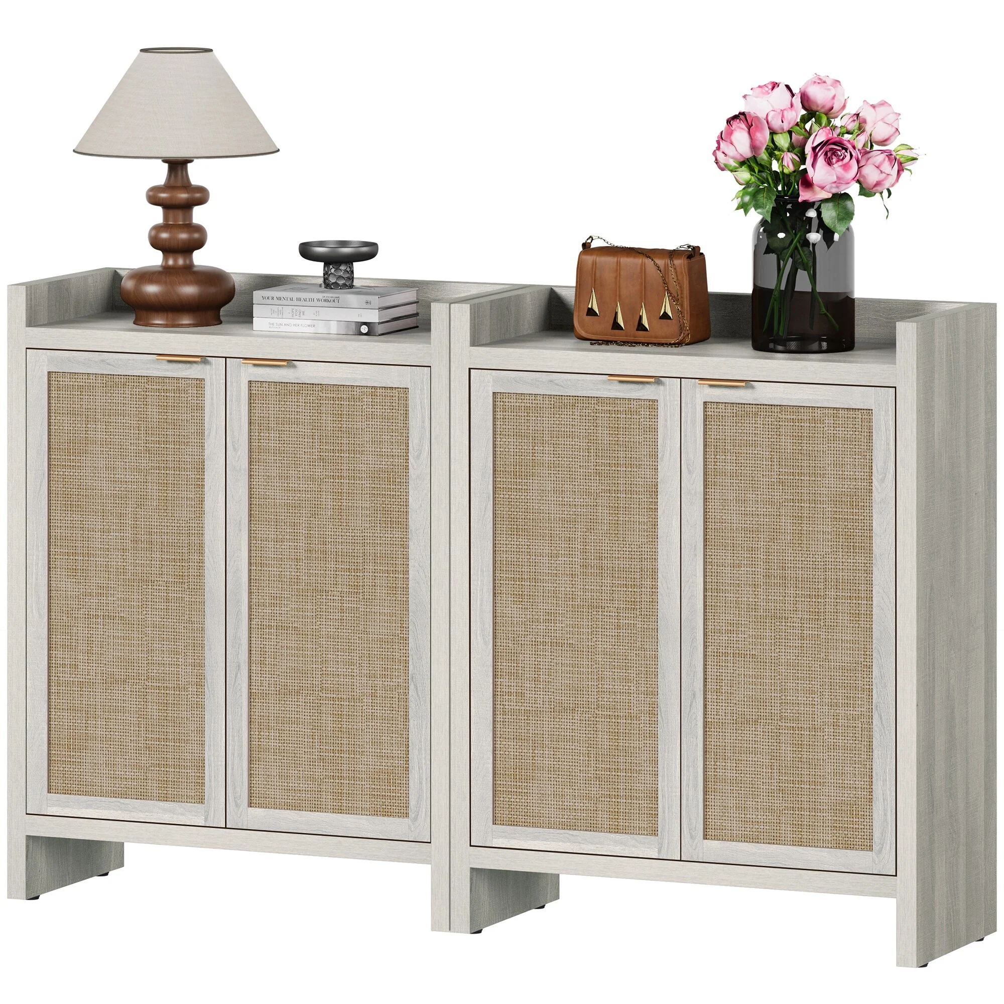 Set of 2 Modern Natural Rattan Shoe Cabinets - 41 x 32.4 x 14.8
