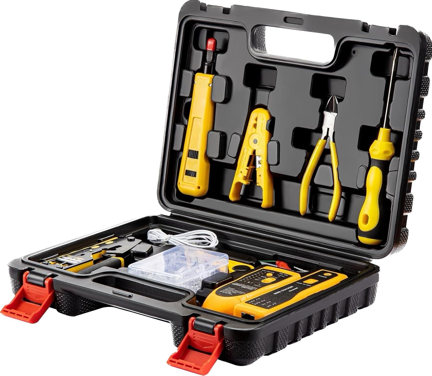 Pass Through RJ45 Crimp Tool Kit, Network Tool Kit, Ethernet Crimper Cat6 Cat5e Cat5 Crimping Tool with Wire Tracker, 110/88 Punchdown Tool, Cat6 Pass Through Connectors, Wire Stripper