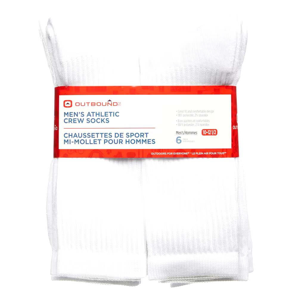 Outbound Men's Athletic Crew Socks, Cushioned Sole for Comfort, 6-pk, Assorted Colours