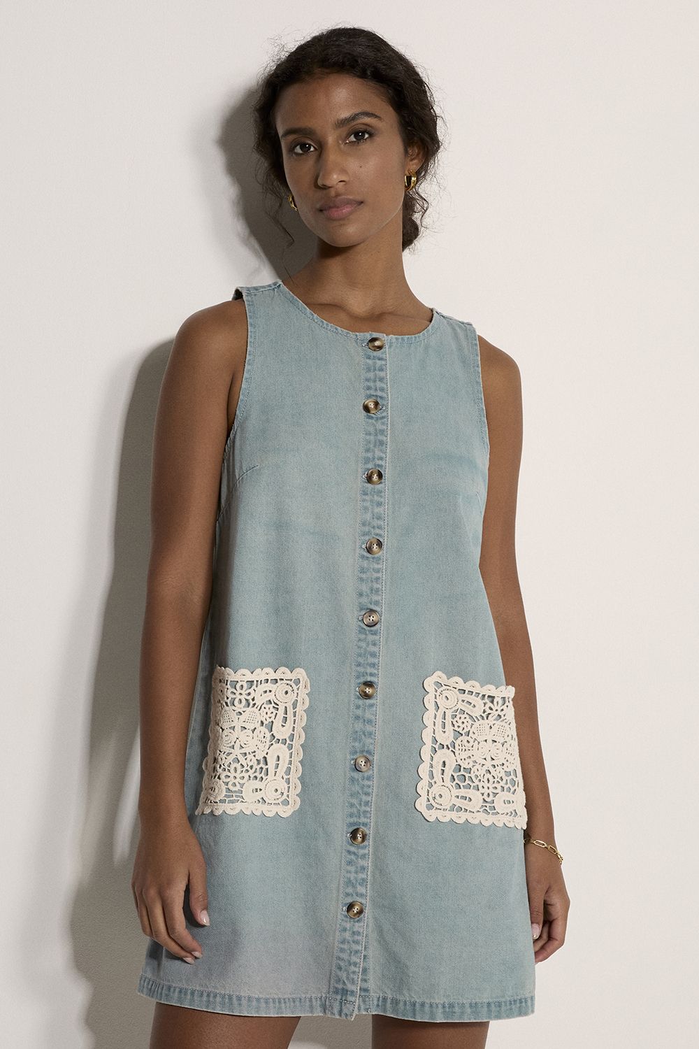 Apricot Denim Shift Crochet Pocket Mini Dress
