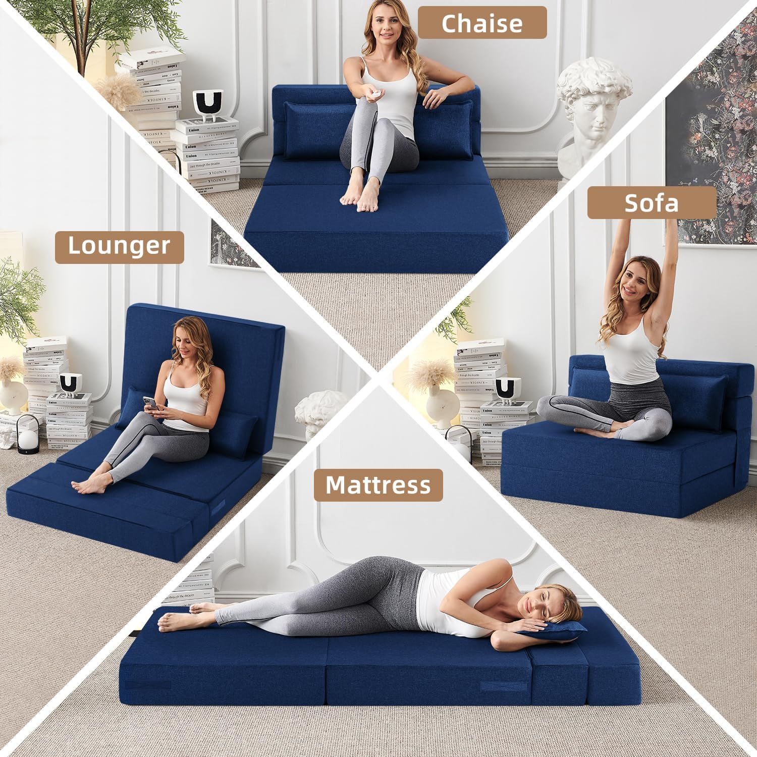 FILUXE Folding Sofa Bed | Convertible Sleeper Chair Bed for Adults, Fold Out Chair to Bed Linen Futon Chair with Pillow, for Home Dorm Apartment RV Living Room, Standard Size, Navy Blue