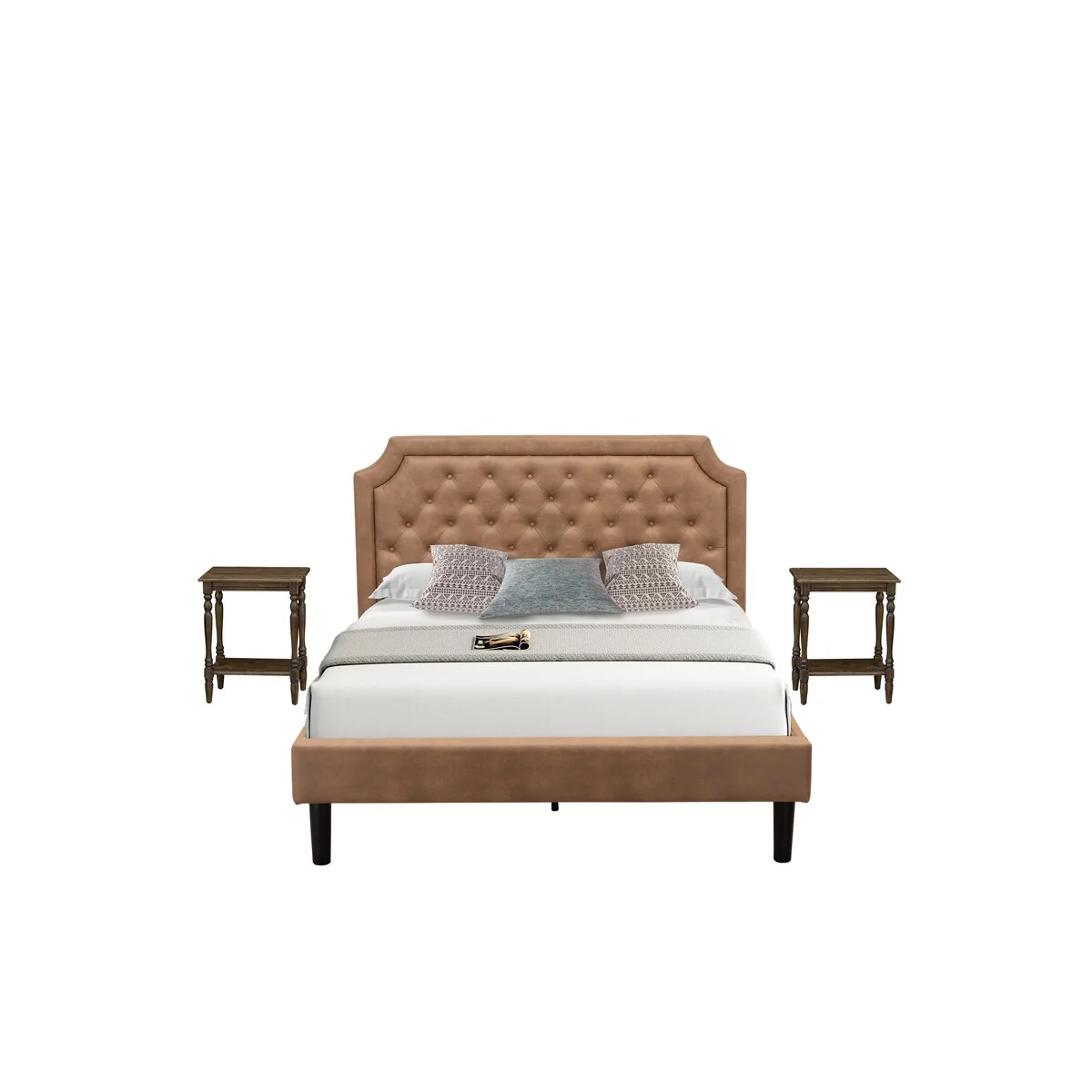 3-Pc Wooden Set for Bedroom with Queen Frame and 2 Distressed Jacobean Nightstands - Brown faux leather and Black Legs