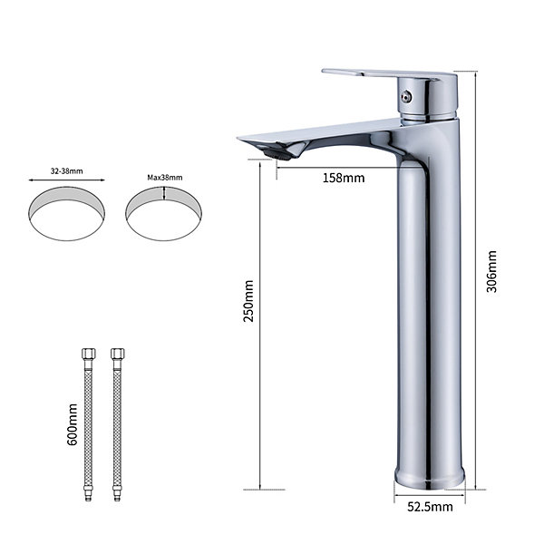 Mitigeur Lavabo Chromé Bec Haut Monocommande Robinet de Lavabo Eau Chaude et Froide pour Vasque à Poser Salle de Bain