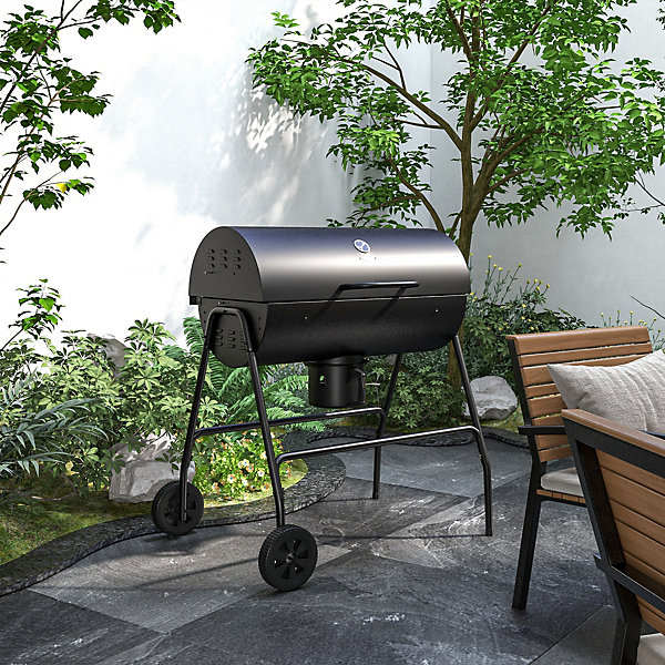 Barbecue à charbon smoker fumoir - 2 grilles, 2 roues, récupérateur cendre, thermomètre - métal noir
