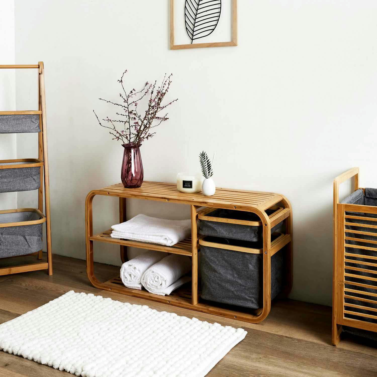 - Rangement en bambou avec 2 paniers en tissu