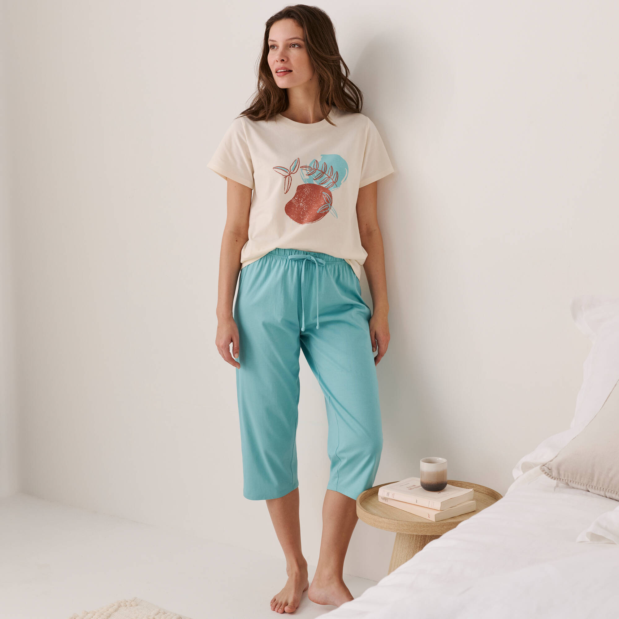 Pantacourt pyjama coton uni avec lien à nouer