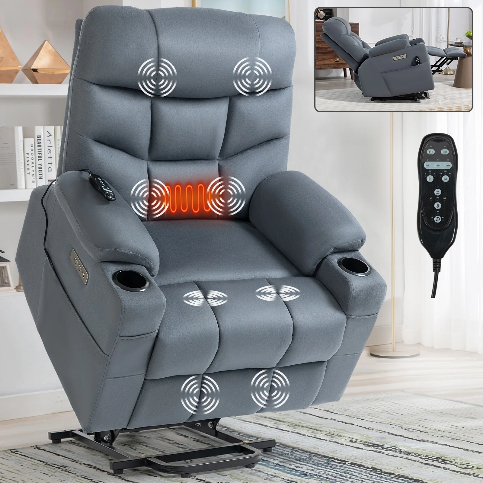 Grey Power Lift Recliner with Okin Motor, 8-Point Vibration Massage, Lumbar Heating, USB & Type-C Ports, Dual Cup Holders