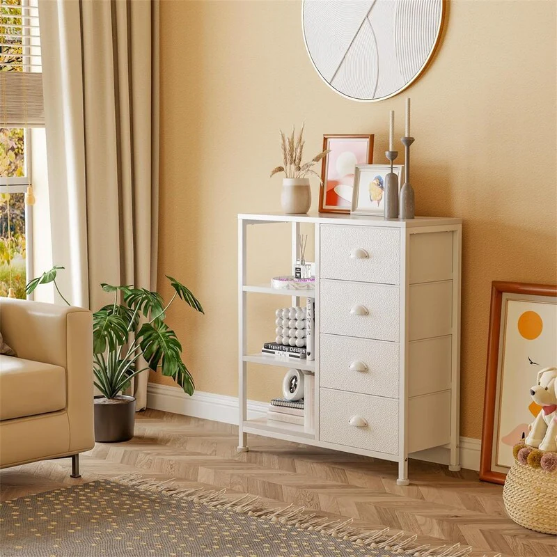 Black Dresser with 4 Drawers and Side Shelf - 11.4D x 28.3W x 31.8H