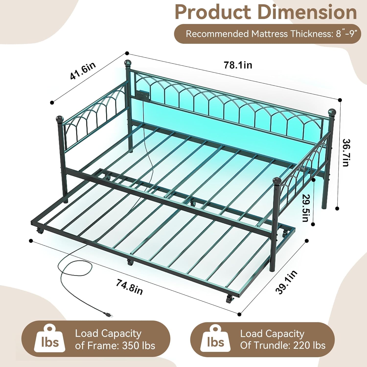 IDEALHOUSE Twin Size Daybed with Trundle, Sofa Bed Frame with Charging Station and LED Lights, Heavy Duty Metal Bed Frame, for Small Spaces, Living Room, Bedroom, Apartment, Black