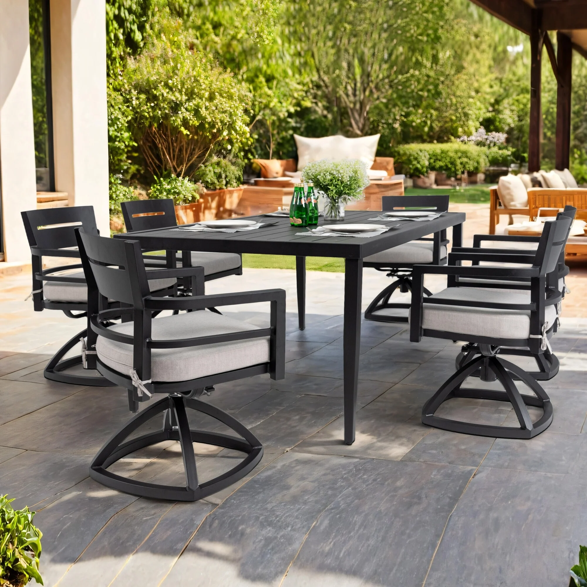 7-Piece Premium Outdoor Dining Set – Modern Rectangular Table with Umbrella Hole & 6 Swivel Rocking Chairs