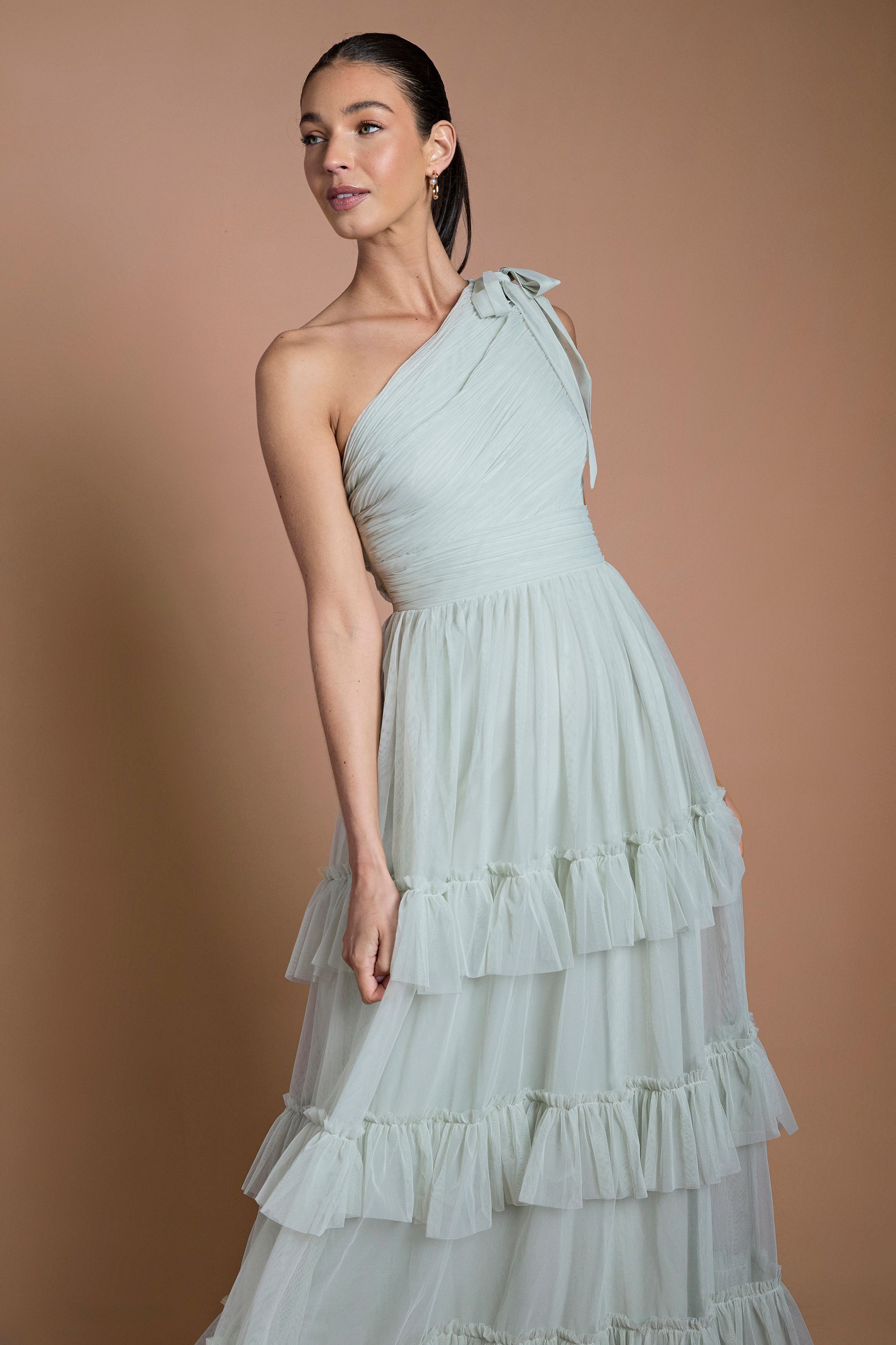 Oasis Sage Pleated Mesh One Shoulder Tiered Maxi Bridesmaid Maxi Dress