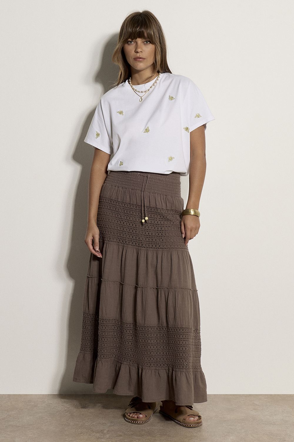 Apricot Cotton Crochet Tiered Maxi Skirt
