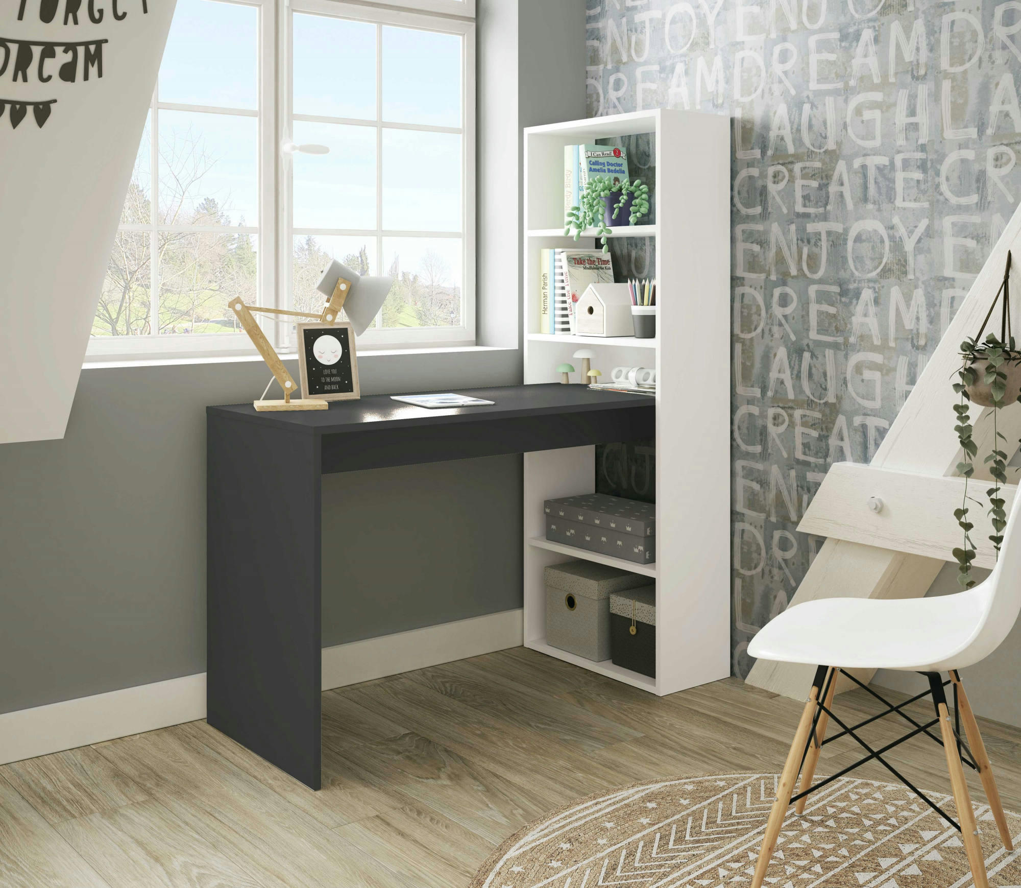 DACARTE - Bureau avec 5 étagères effet bois blanc et anthracite