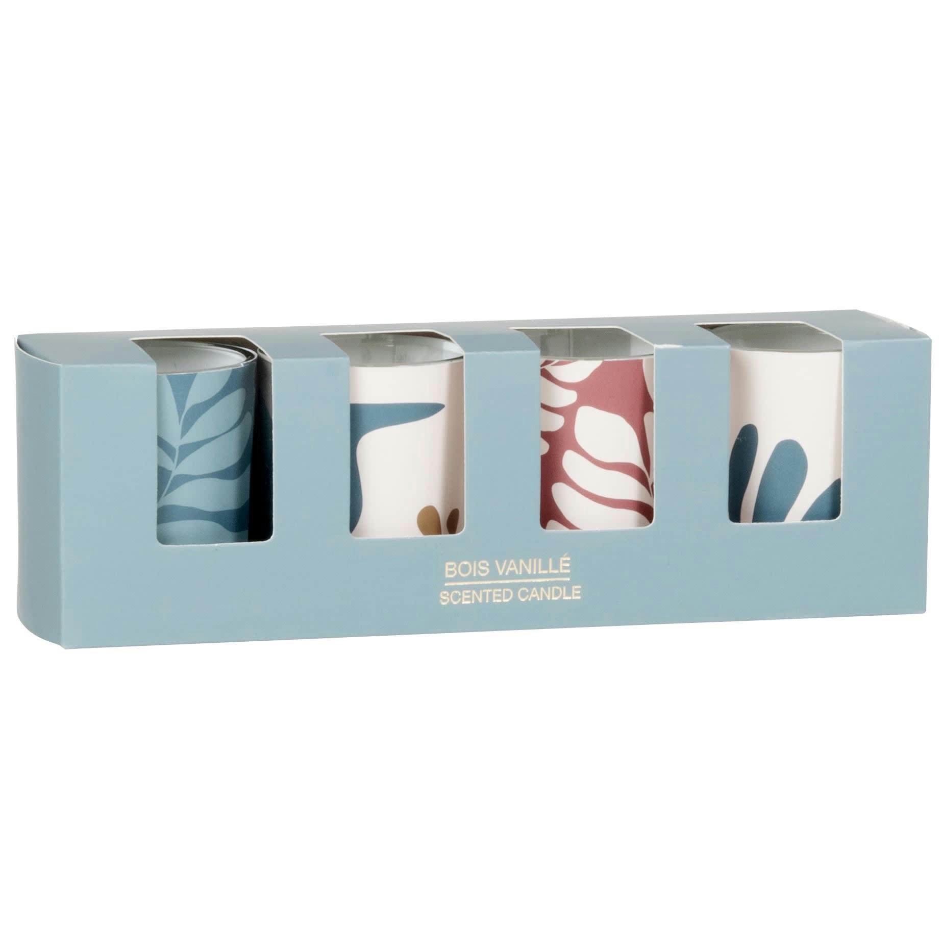 - Bougies lumignons parfumées en verre bleu, rouge et blanc (x4)