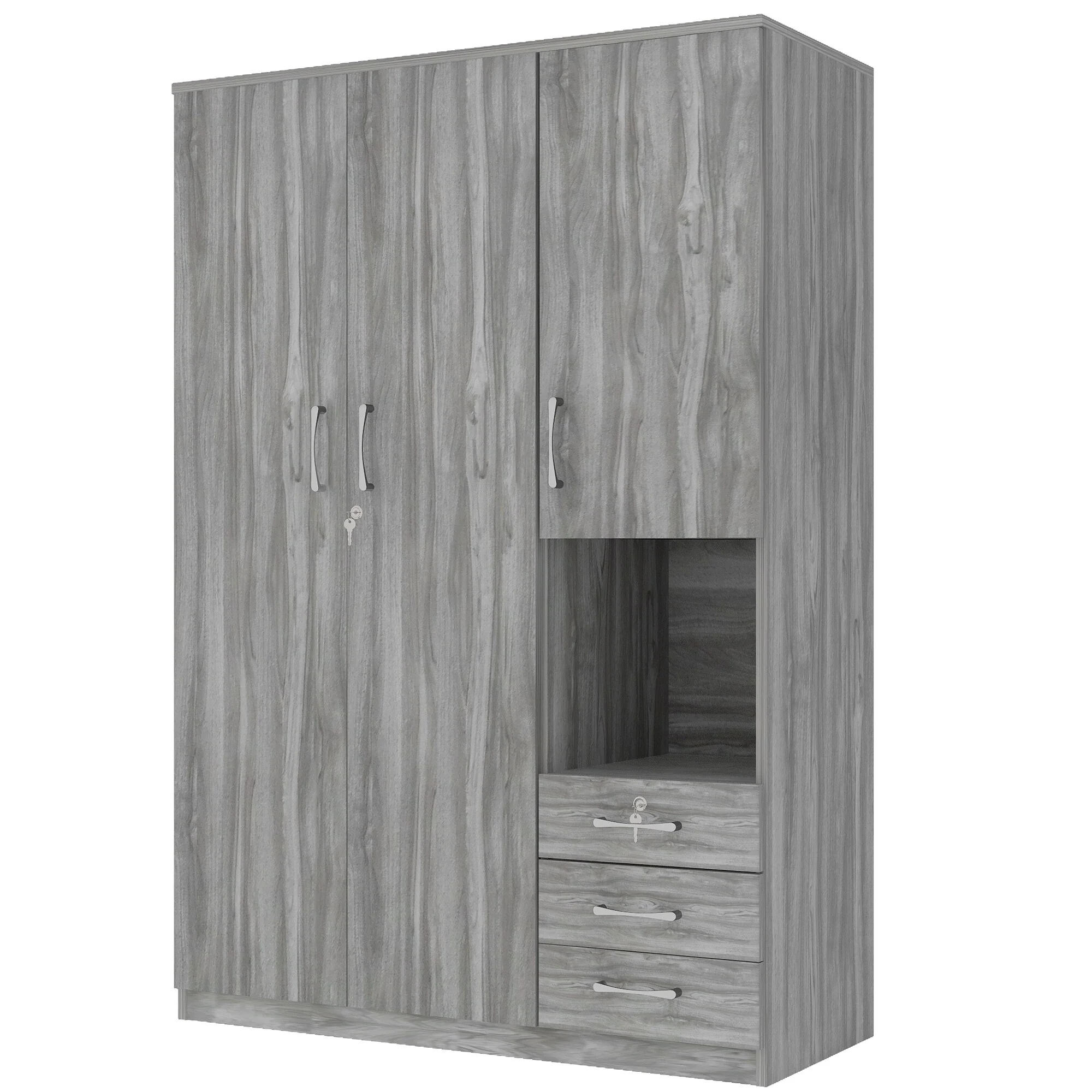Wooden 2-Doors Wardrobe with Lockable Drawer and Hanging Rail