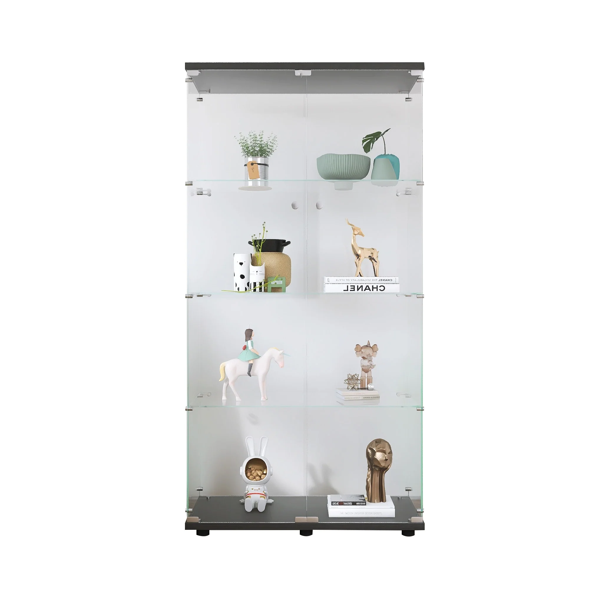 Two-door Glass Display Cabinet 4 Shelves with Door, Floor Standing Curio Bookshelf for Living Room Bedroom Office