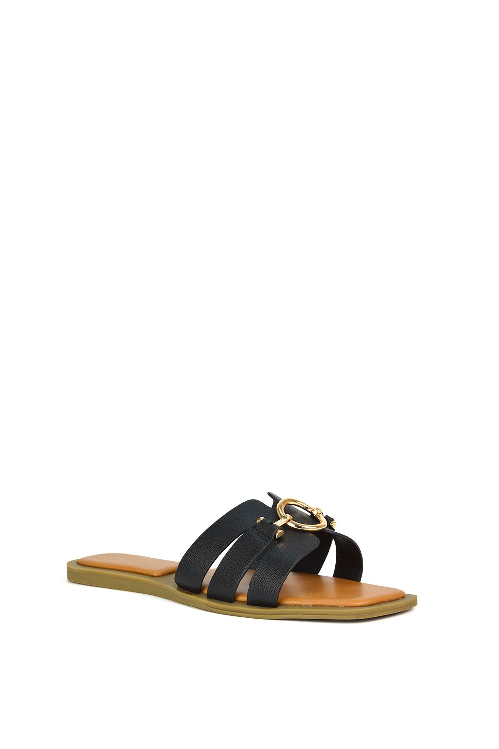 XY London Melissa' Open Toe Flat Slip On Slide Sandals With Buckle Detail