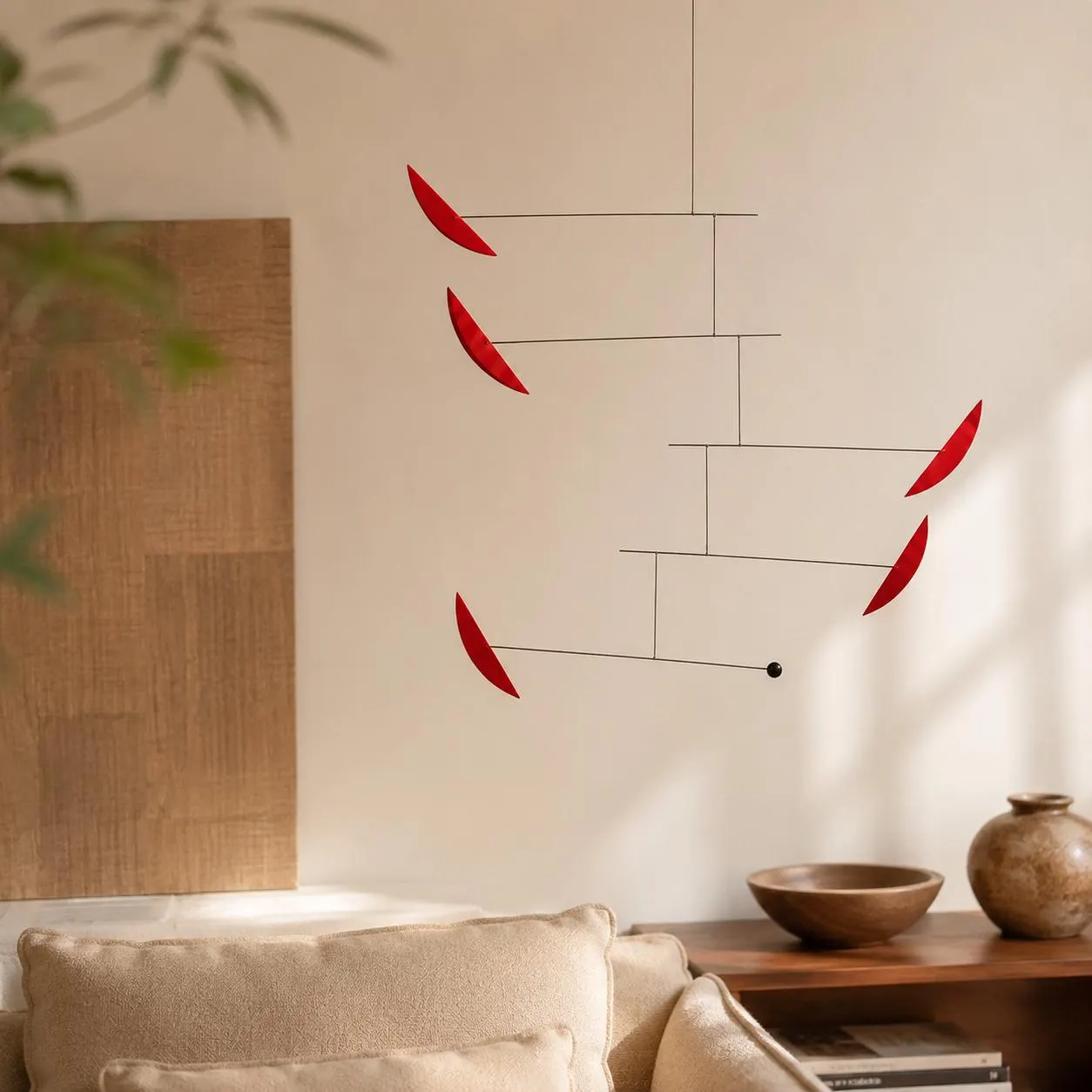 Mid-Century Modern Kinetic Mobile, Natural Wood Leaf Sculpture, Red Scandinavian Art