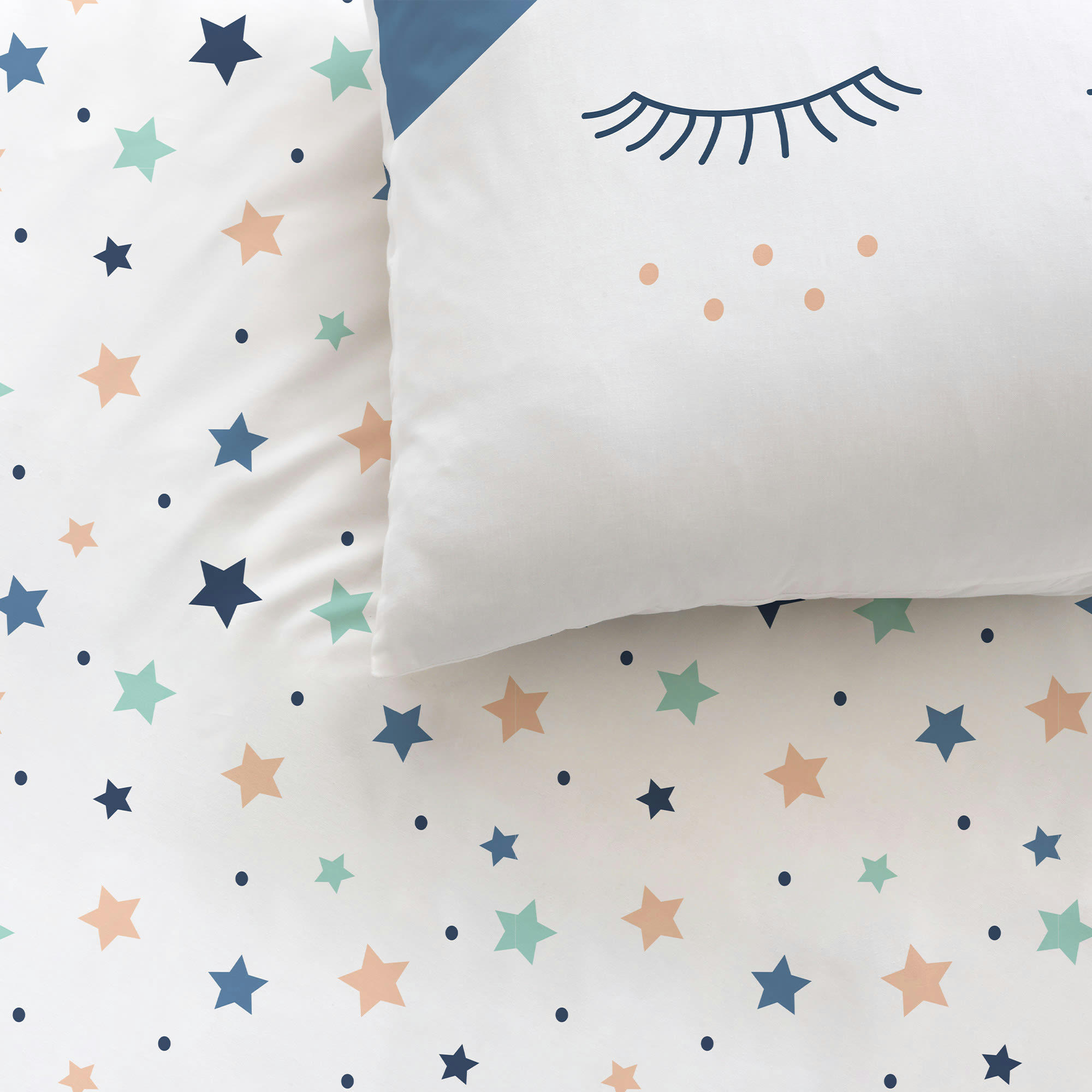 SWEET DREAMS - Parure de lit imprimée en coton Blanc, Bleu Gris 140x200+63x63cm