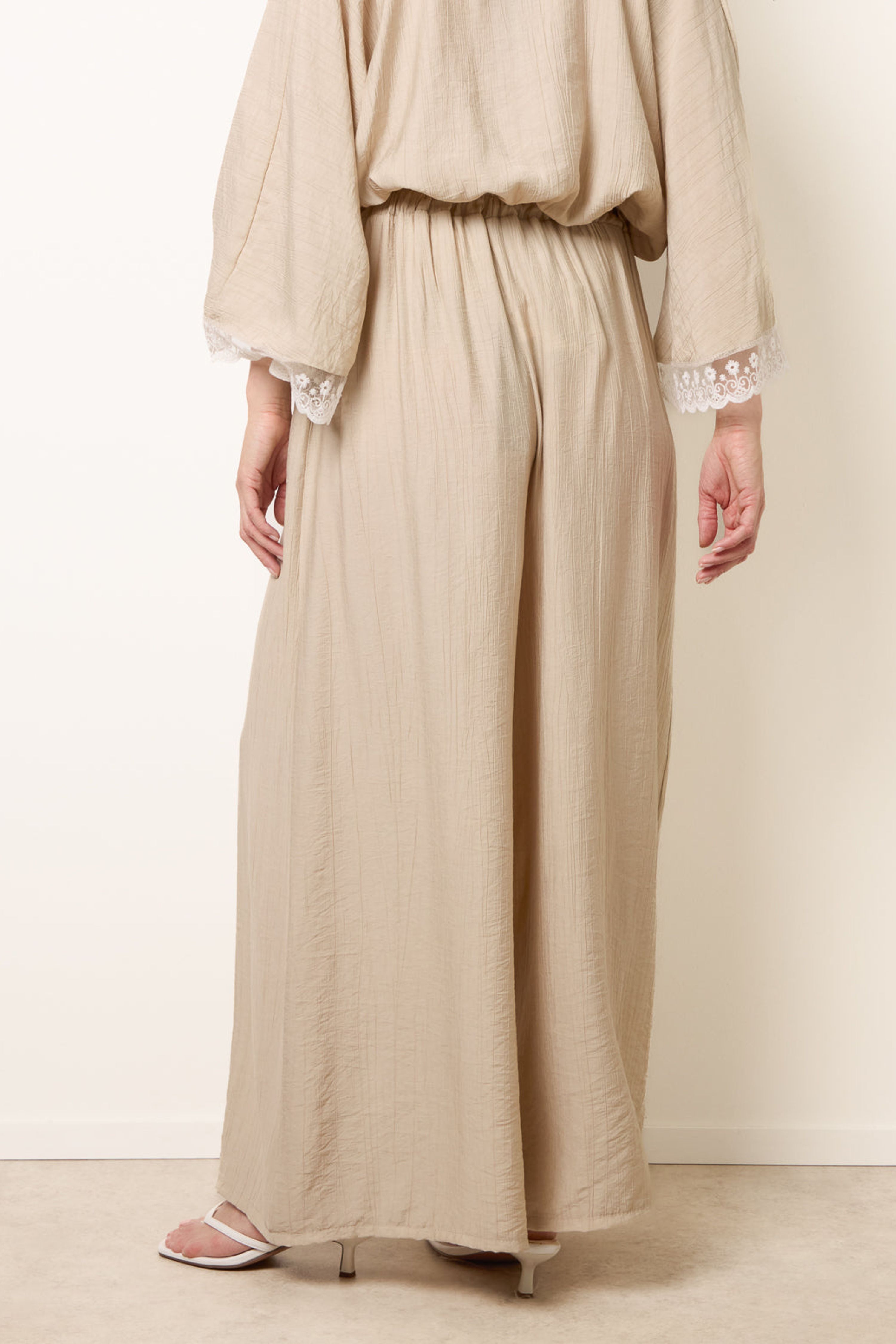 Blue Vanilla Beige Crinkle Viscose Wide Leg Trousers