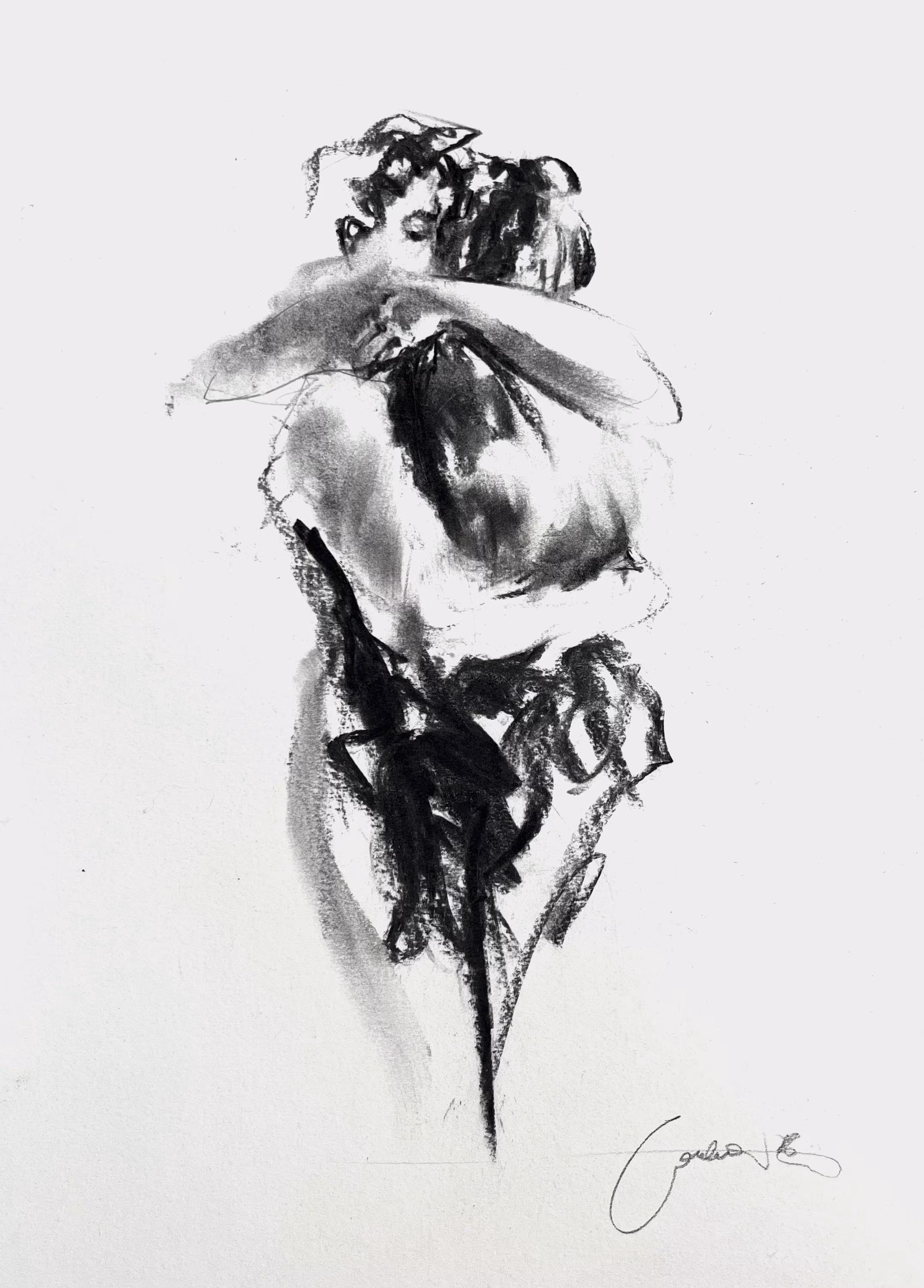 Charcoal Couple Drawing Original Lovers Art 12x16.5 inches Romantic Bedroom Decoration