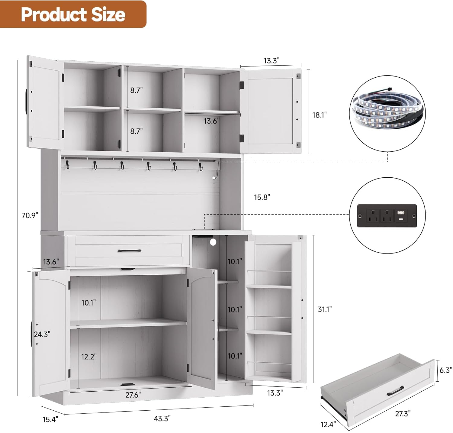 ONBRILL 71 Pantry Cabinet, Kitchen Pantry Storage Cabinet with LED Light & Outlet, Kitchen Hutch with Microwave Shelf & 6 Hooks, Door Shelves & Drawer & Adjustable Shelves, for Dining Room