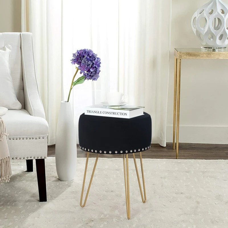 Adeco Modern Round Velvet Ottoman Vanity Footstool Golden Metal Legs