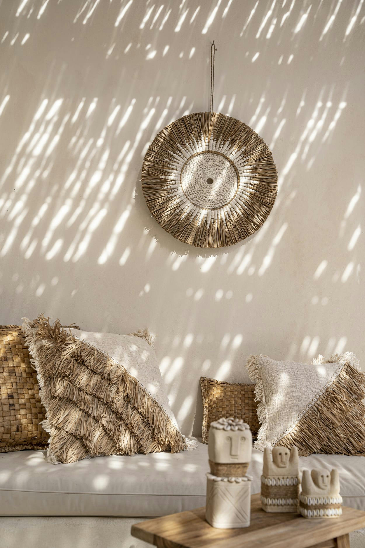 RAFIA - Coussin en coton et raphia naturel blanc 60x60