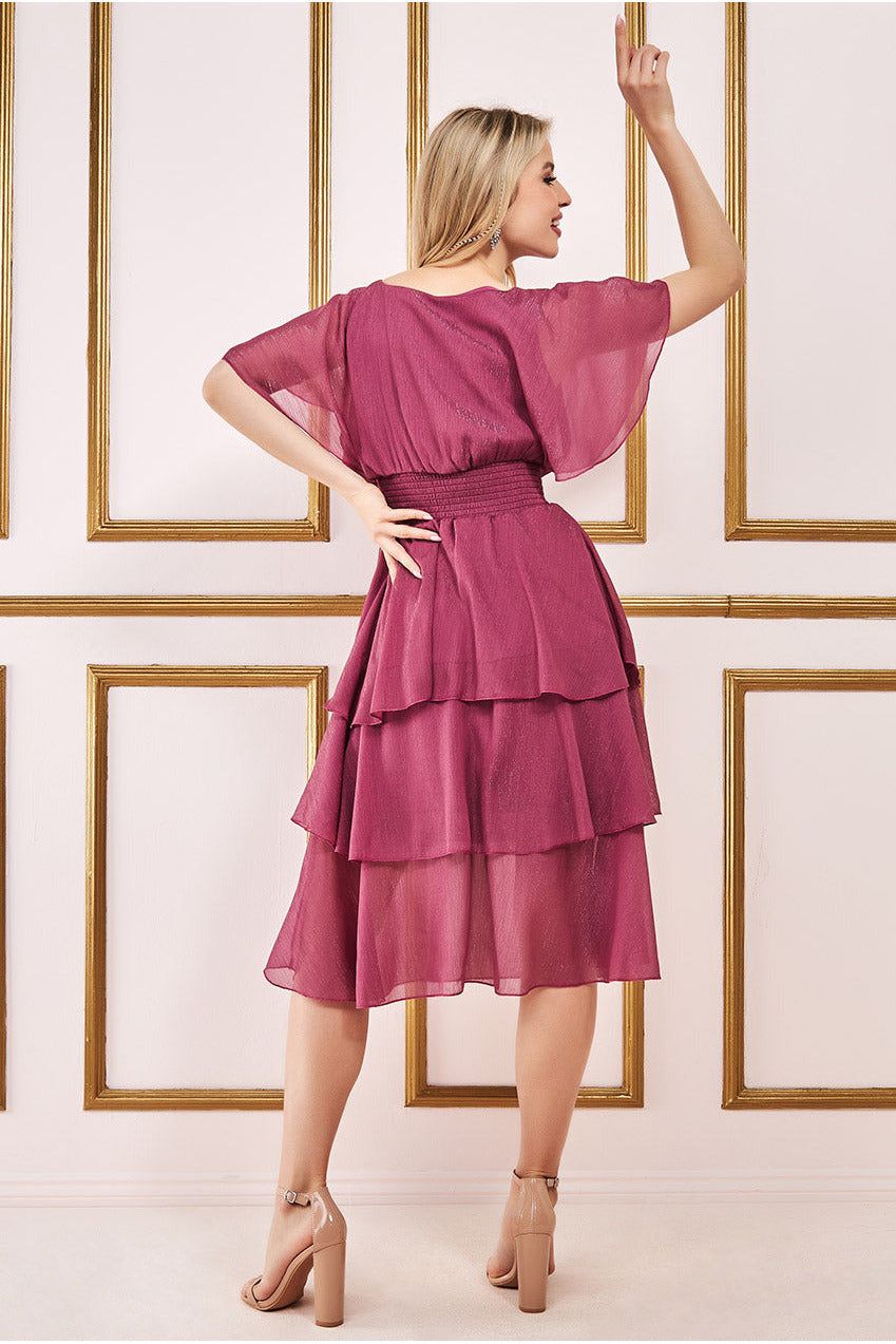 Goddiva Chiffon Layered Flutter Sleeve Midi Dress