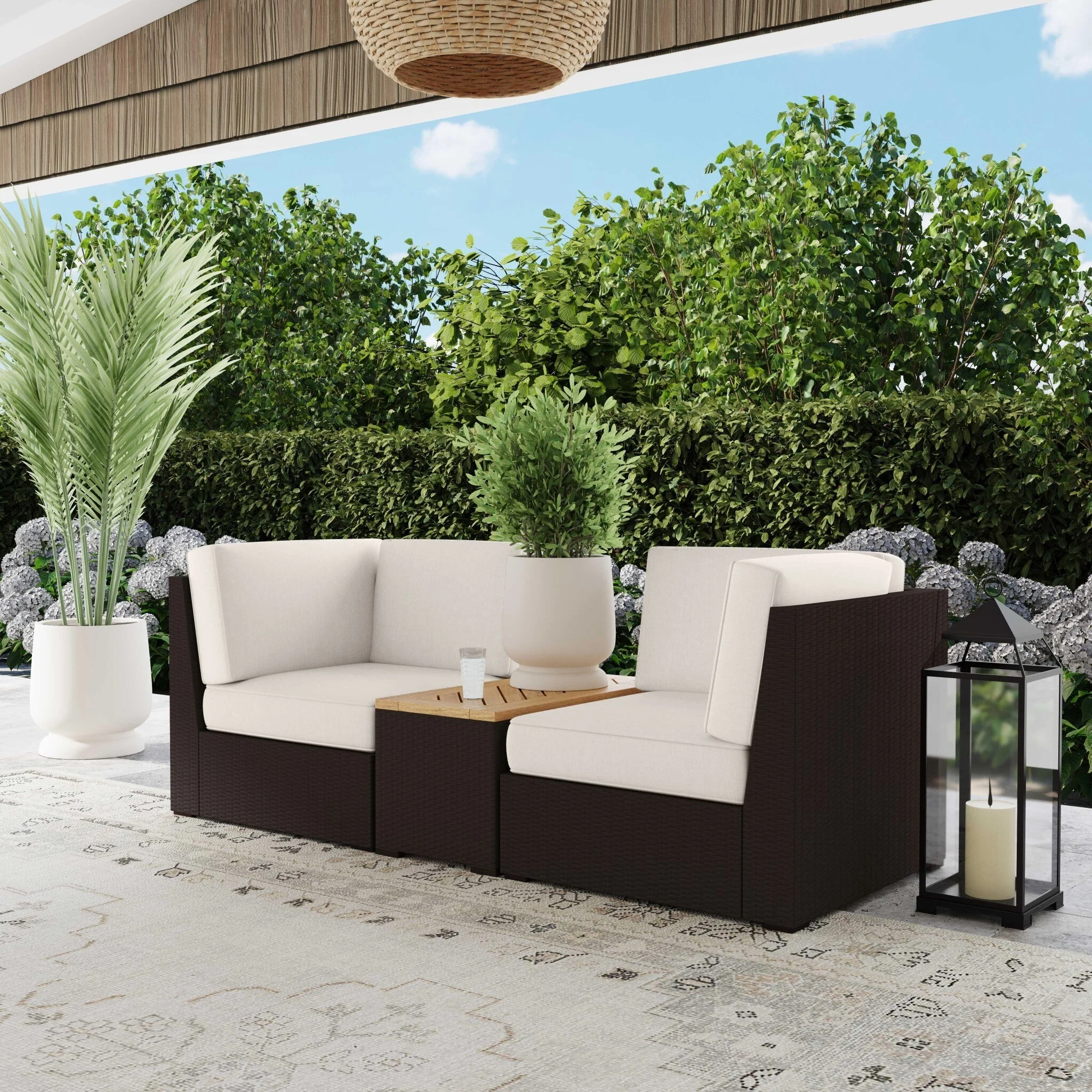 Palm Springs Brown Rattan Outdoor Chair Pair and Storage Table by Homestyles - 32 x 32 x 32