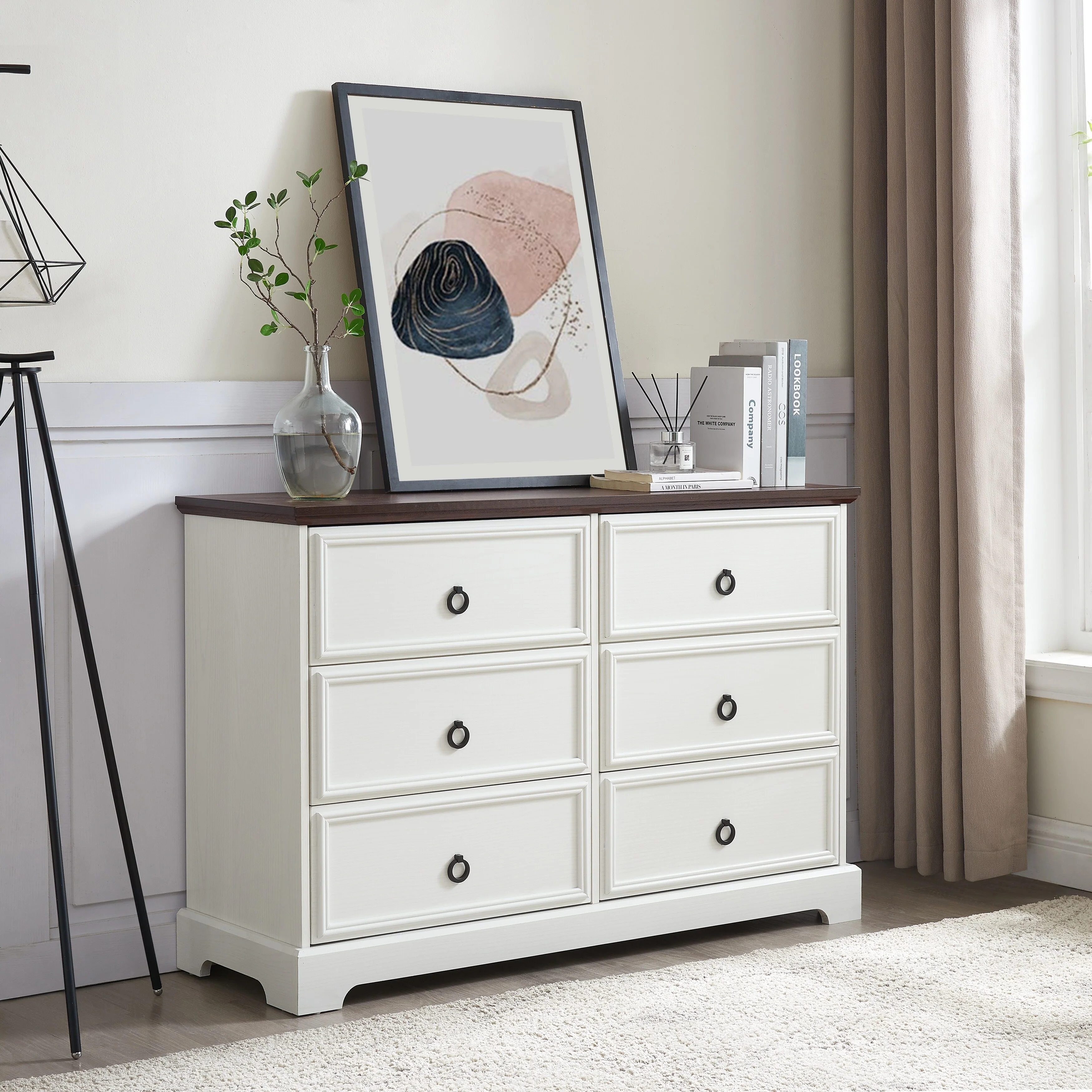 Bedroom Double Dresser, Multi-functiona Wood Storage Cabinet, Accent Cabinet with 6 Storage Drawers and Metal Handles