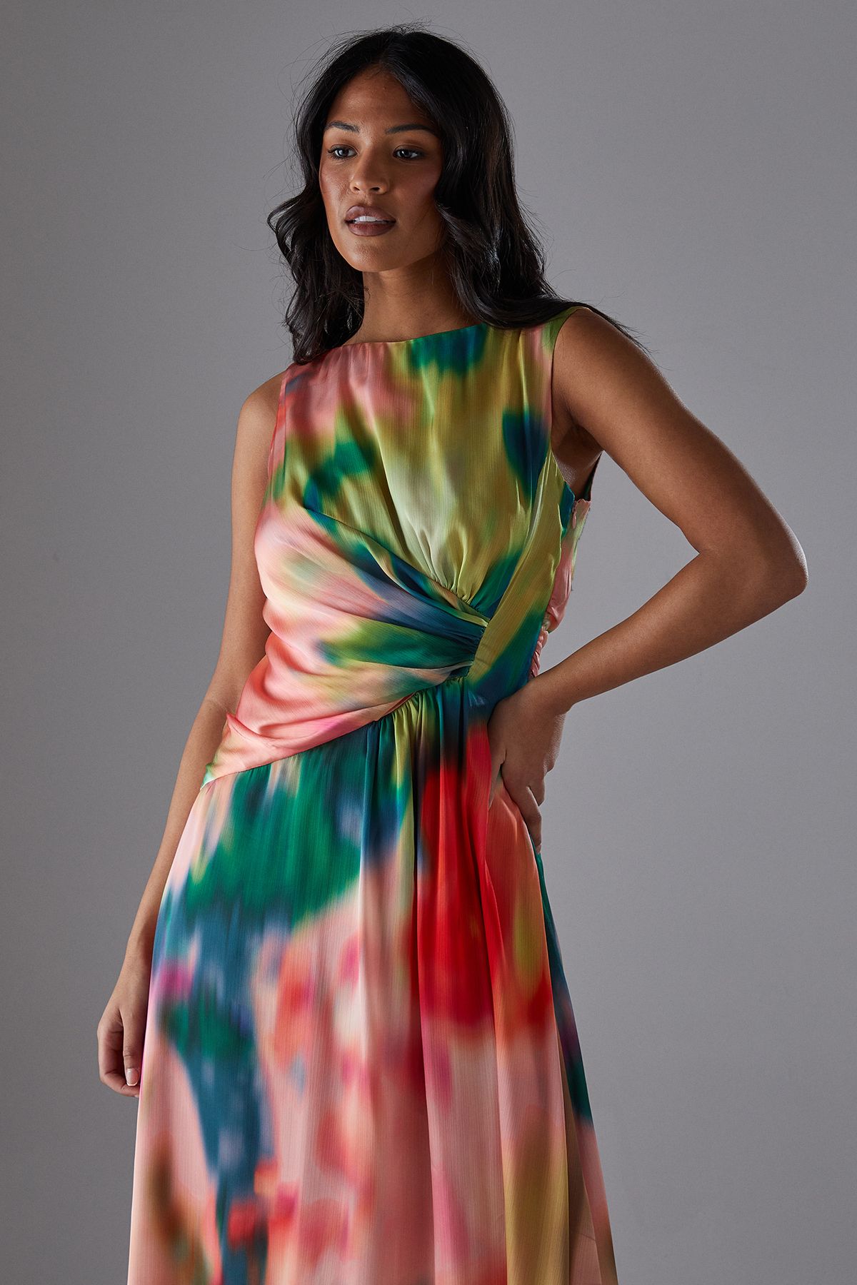 Warehouse Printed Satin Sleeveless Knot Front Asymmetric Hem Midi Dress
