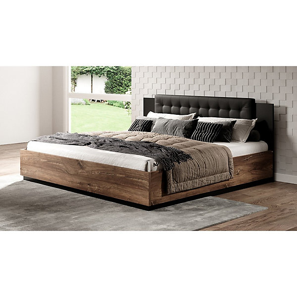 Lit coffre 180x200Chene foncé et noirCollection FOXSommier inclus