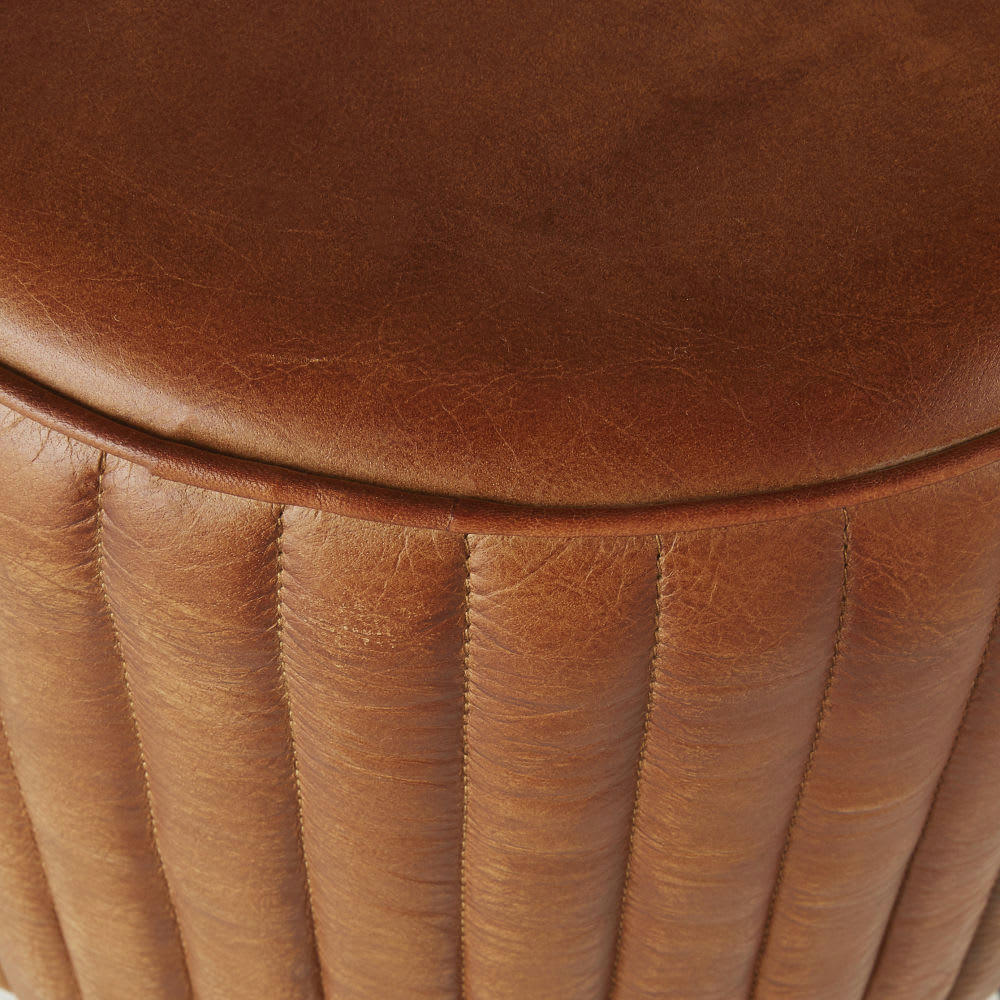 Boxer - Tabouret de bar matelassé en cuir de buffle marron et métal noir H78