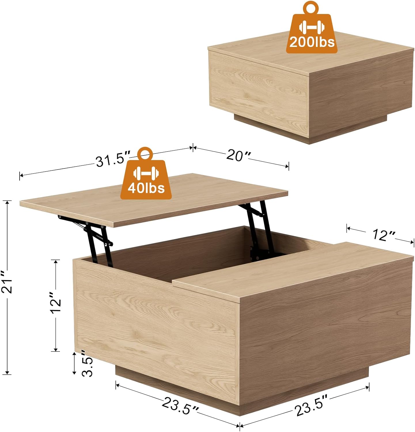 FABATO Lift Top Coffee Table, Wood Square Coffee Table with Storage, Farmhouse Coffee Tables with Hidden Storage Compartment, Center Table with Lifting Tabletop for Living Room, Home Office, Natural