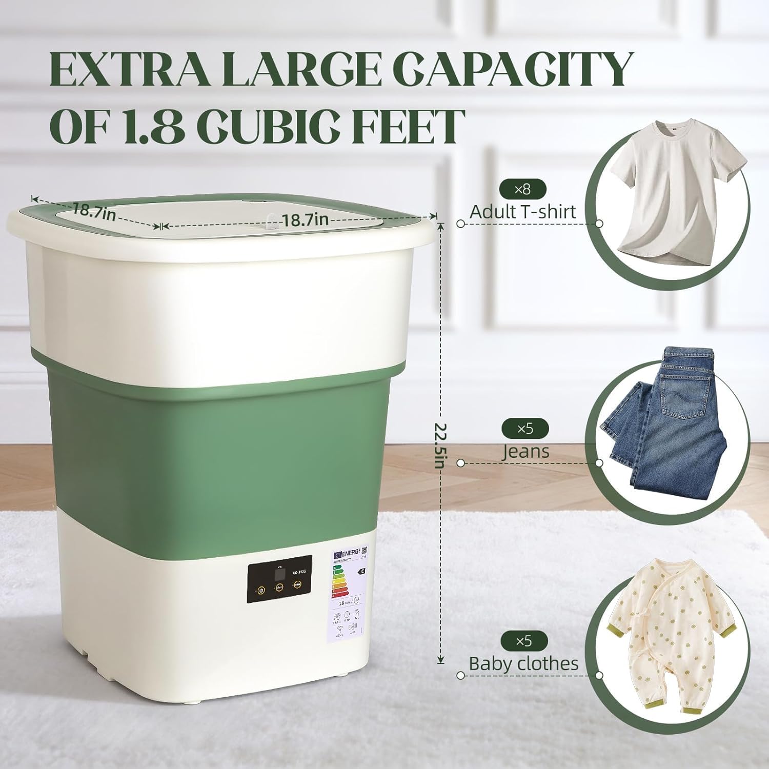 Portable Washing Machine, 1.8 Cu.Ft Large Capacity Foldable Washer with Spin Basket & 150W Motor, Timer Control for Apartment, RV, Camping & Travel – No Laundry Room Needed (White Green)