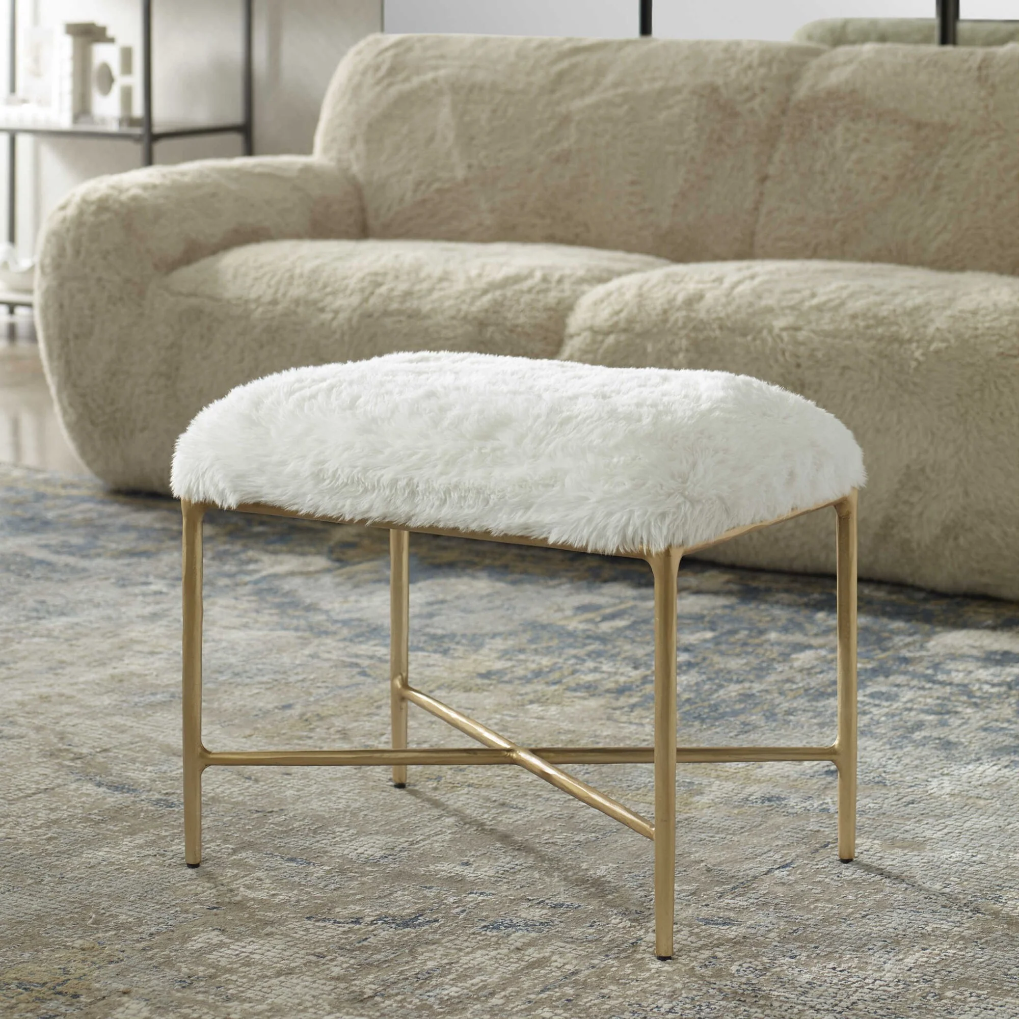 Lush Upholstered Textured Small Accent Bench - 24 - Beige and Gold