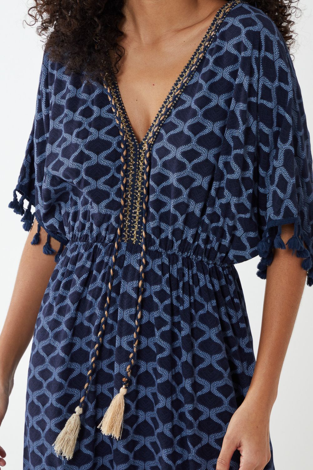 Blue Vanilla Tassel Detail Frill Hem Midi Dress