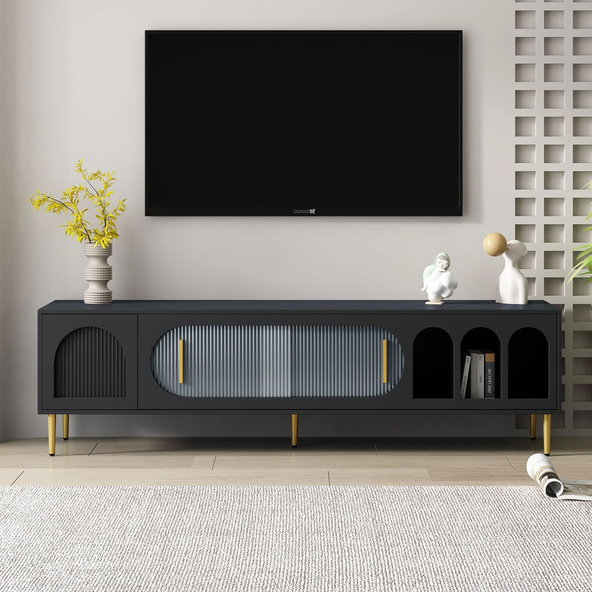 Black Modern Style 70.9 TV Stand with 3 Shelves and 2 Cabinets for TVs Up to 70