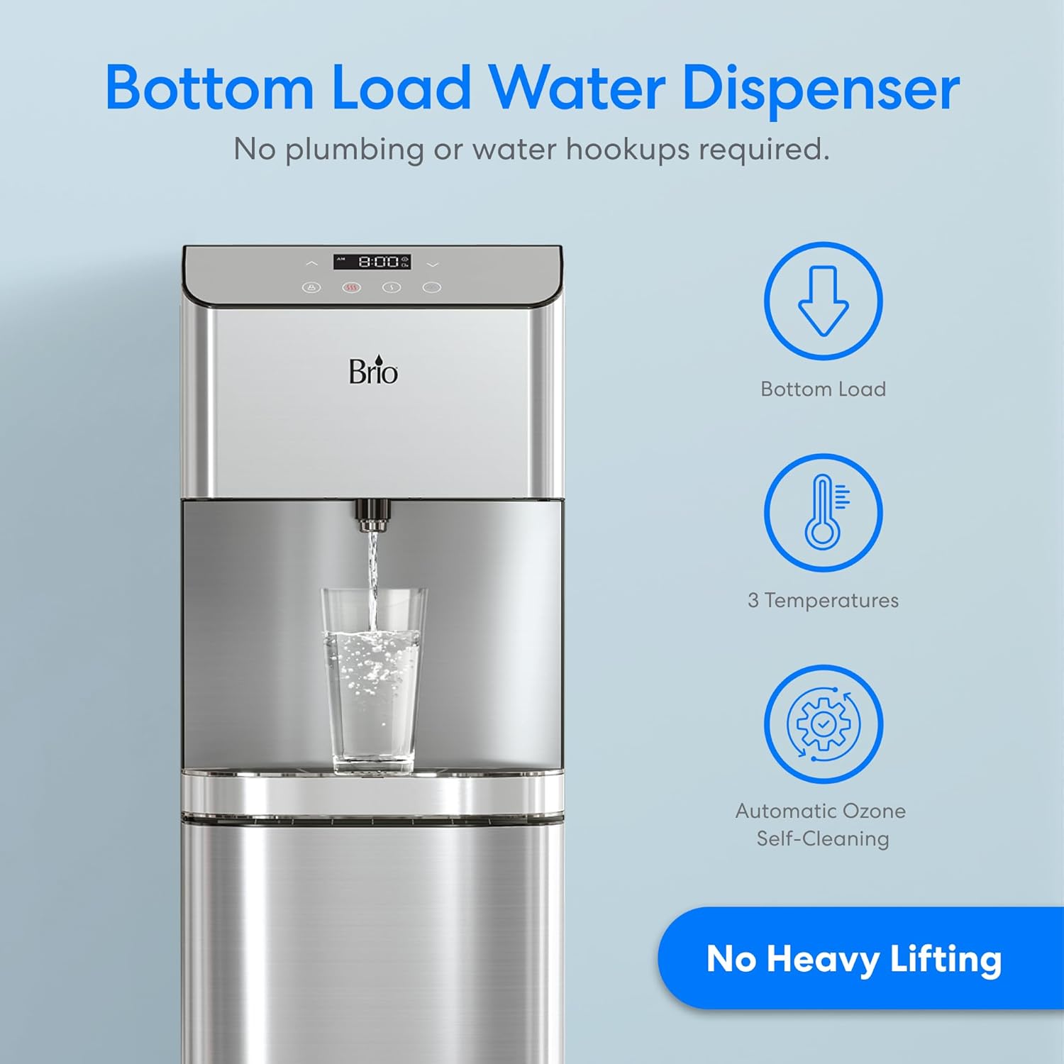 Brio Moderna Bottom Load Water Cooler Dispenser - Tri-Temp, Adjustable Temperature, Self-Cleaning, Touch Dispense, Child Safety Lock, Holds 3 or 5 Gallon Bottles, Digital Display and LED Light