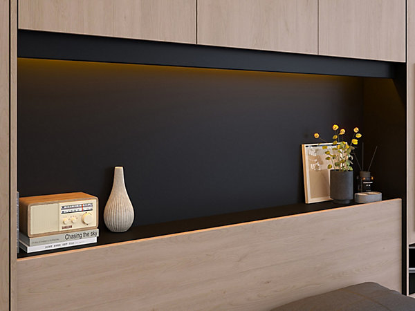 Lit pont 140 x 190 cm avec rangements - Avec LEDs - Coloris : Naturel et noir   Sommier - VELONA