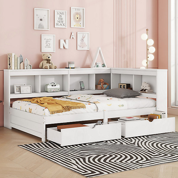 Lit banquette 90x200 cm avec 2 tiroirs, prise et ports USB - sommier inclus - gain de place - blanc - sans matelas