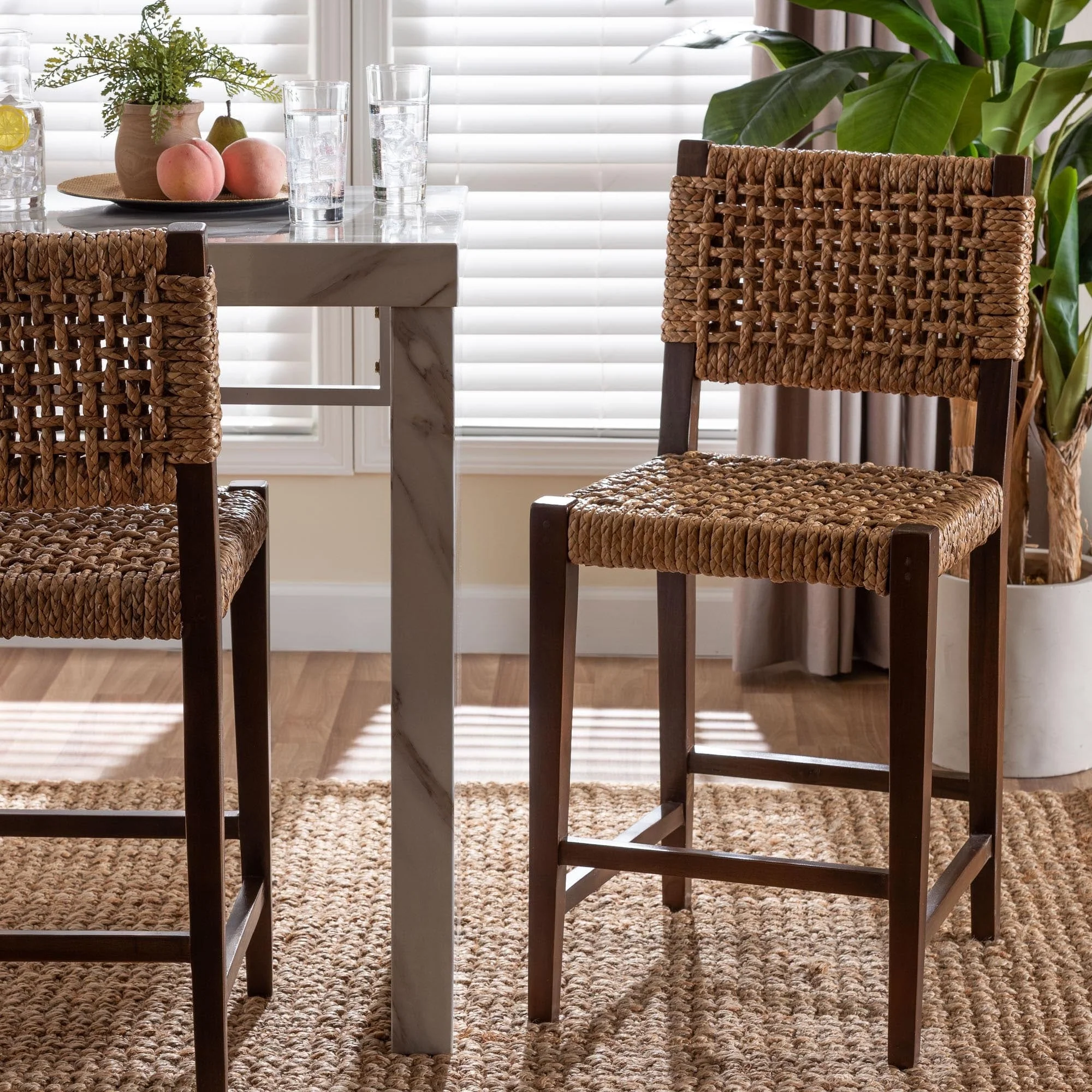 Alise Handwoven Seagrass Counter Stool with Mahogany Wood - Counter-Height Chair for Kitchen Island or Home Bar